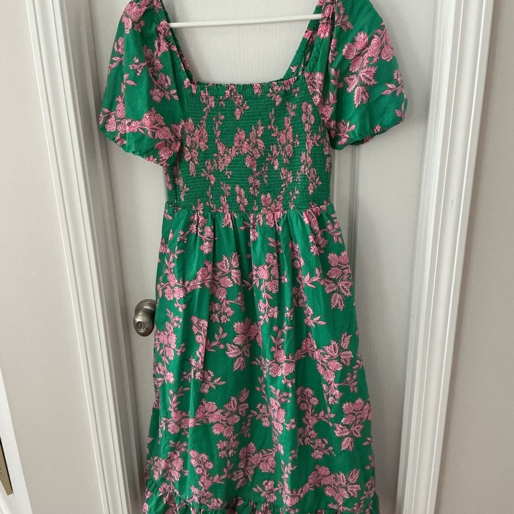 J. Crew Green and Pink Smocked Sundress with Pockets